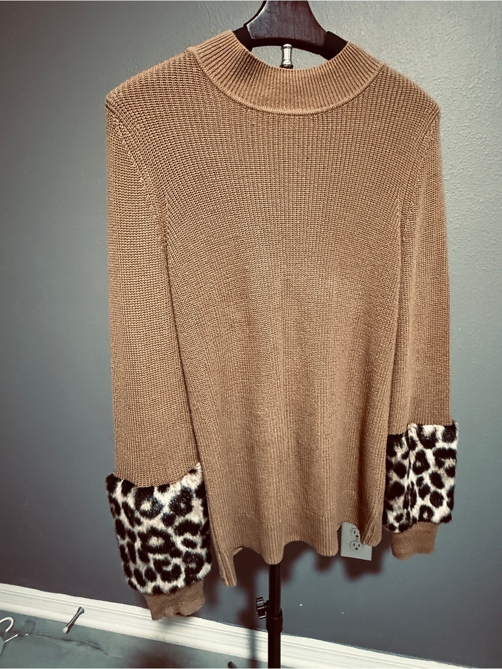 Michael Kors Camel Knit Sweater with Leopard Faux-Fur Cuffs